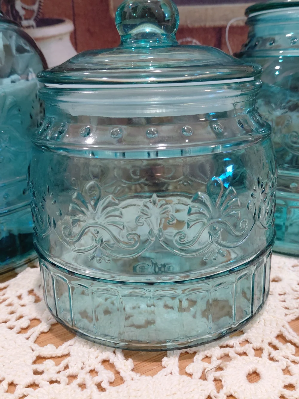 The Pioneer Woman Teal Cassie Embossed Glass Canister Trio with Lids